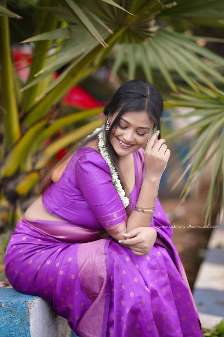 Purple Color Polka Print Jacquard Banarasi Saree with Border and Tussel.