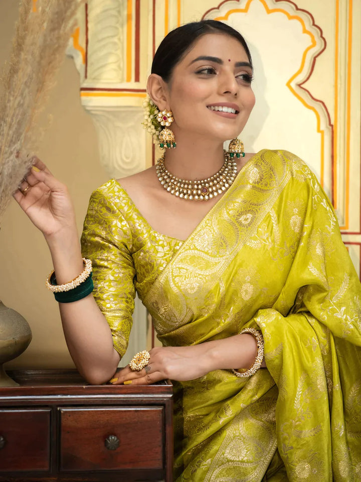 Lemon Color Kanjivaram silk saree Jari Work With Blouse Piece