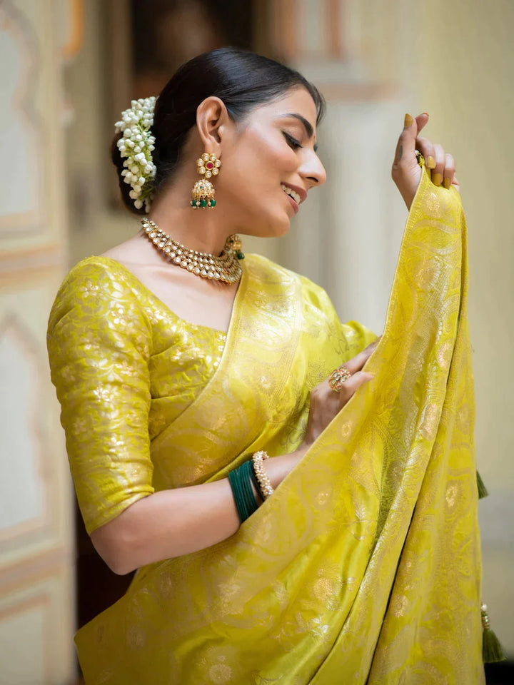 Lemon Color Kanjivaram silk saree Jari Work With Blouse Piece