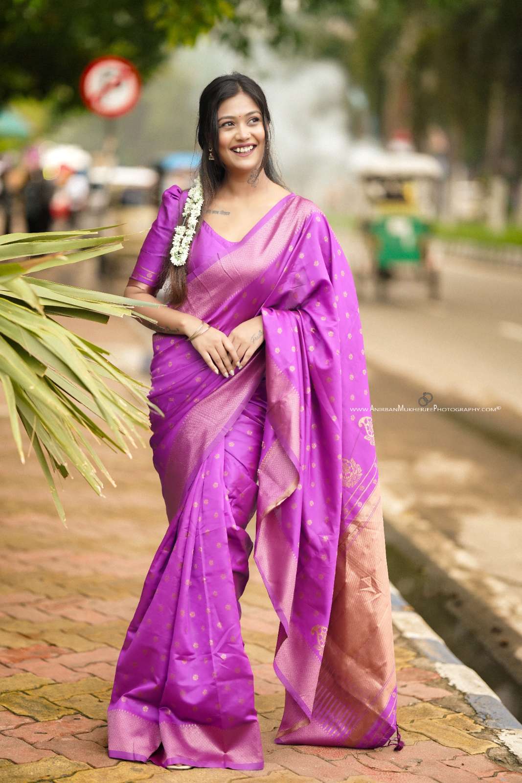 Purple Color Polka Print Jacquard Banarasi Saree with Border and Tussel.