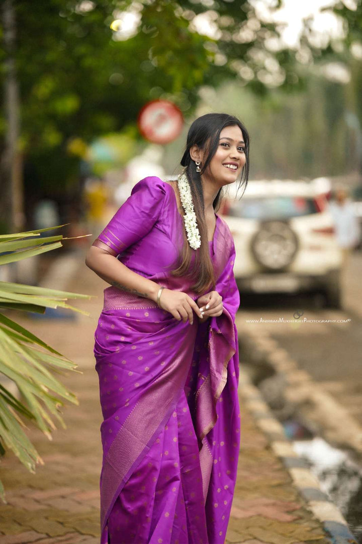 Purple Color Polka Print Jacquard Banarasi Saree with Border and Tussel.