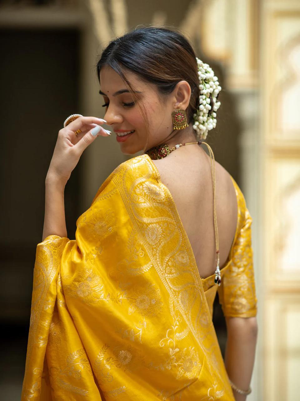 Yellow Color Kanjivaram silk saree Jari Work With Blouse Piece