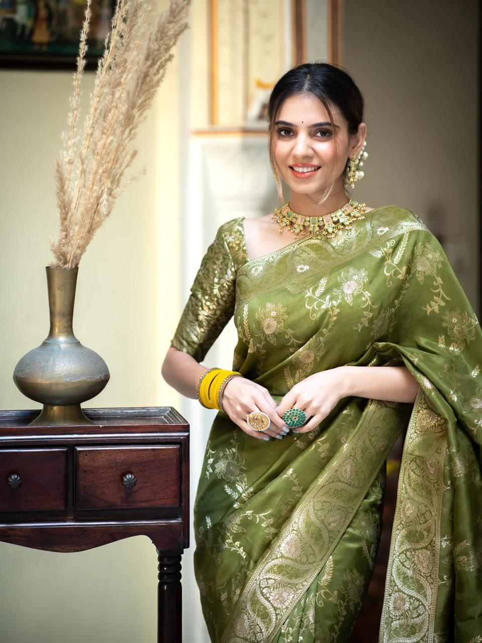 Mehndi Color Kanjivaram silk saree Jari Work With Blouse Piece