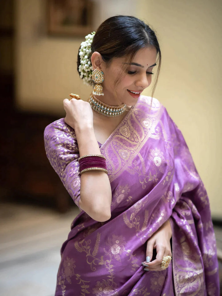 Lavender Color Kanjivaram silk saree Jari Work With Blouse Piece