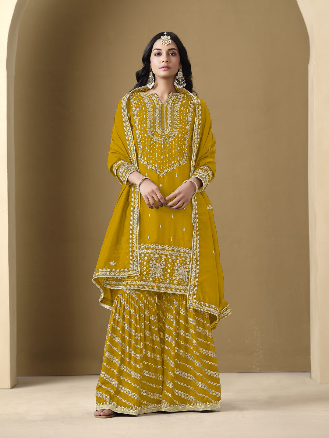 Mehendi Color Art Silk With Embroidery And Sequins Work Top And Plazzo