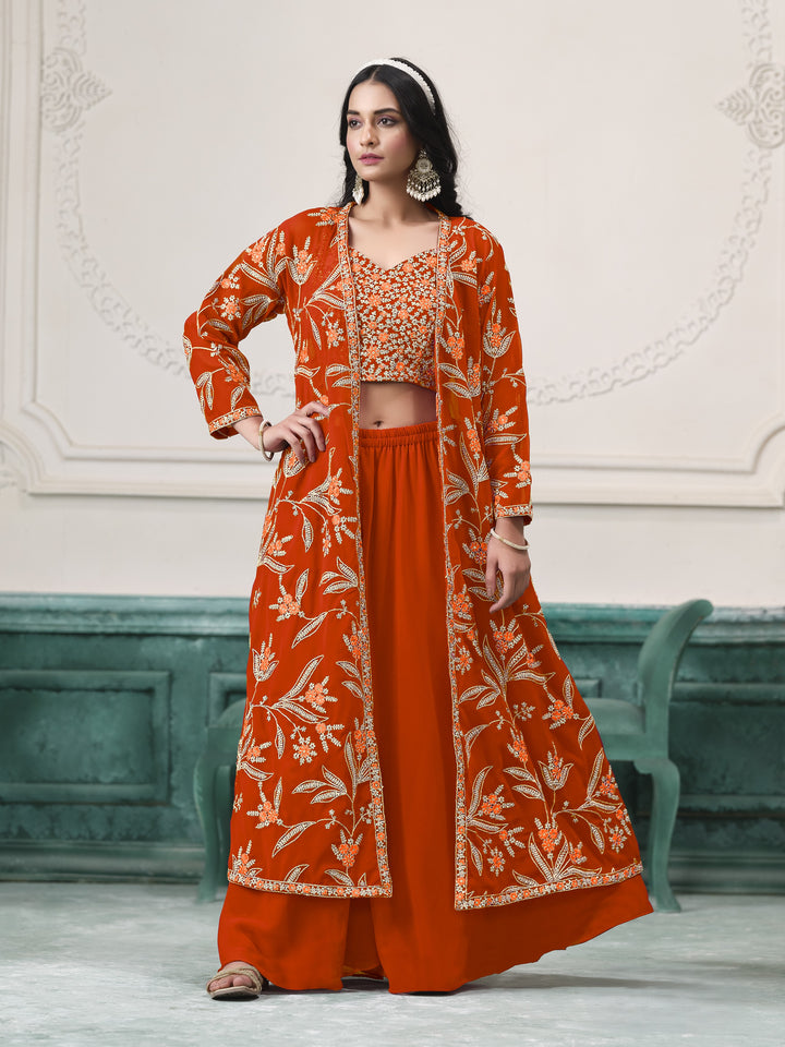 Orange Color Faux Georgette With Embroidery And Sequins Work Top And Sharara