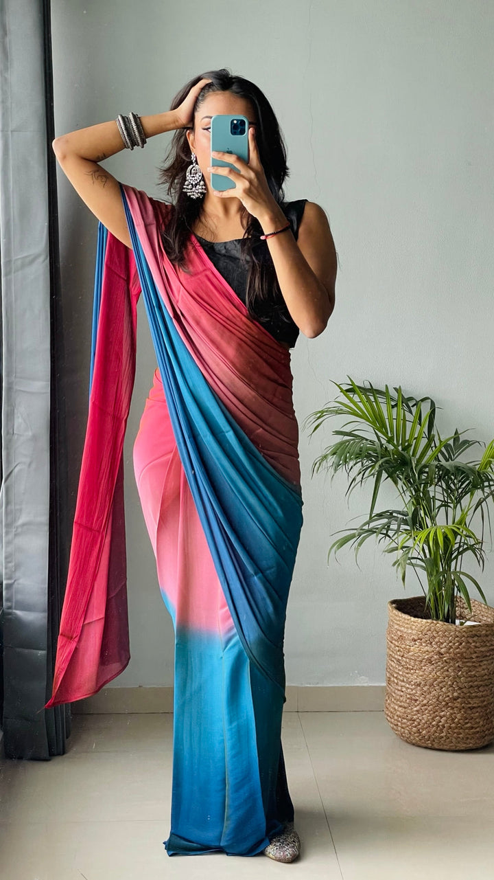 Pink And Blue Color Nylone Saree With Beautiful Blouse