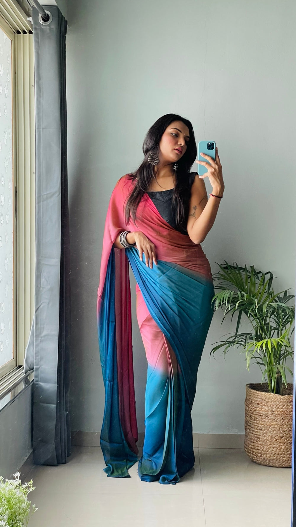 Pink And Blue Color Nylone Saree With Beautiful Blouse