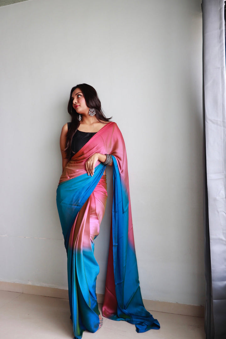 Pink And Blue Color Nylone Saree With Beautiful Blouse