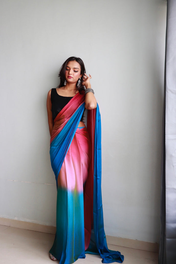 Pink And Blue Color Nylone Saree With Beautiful Blouse