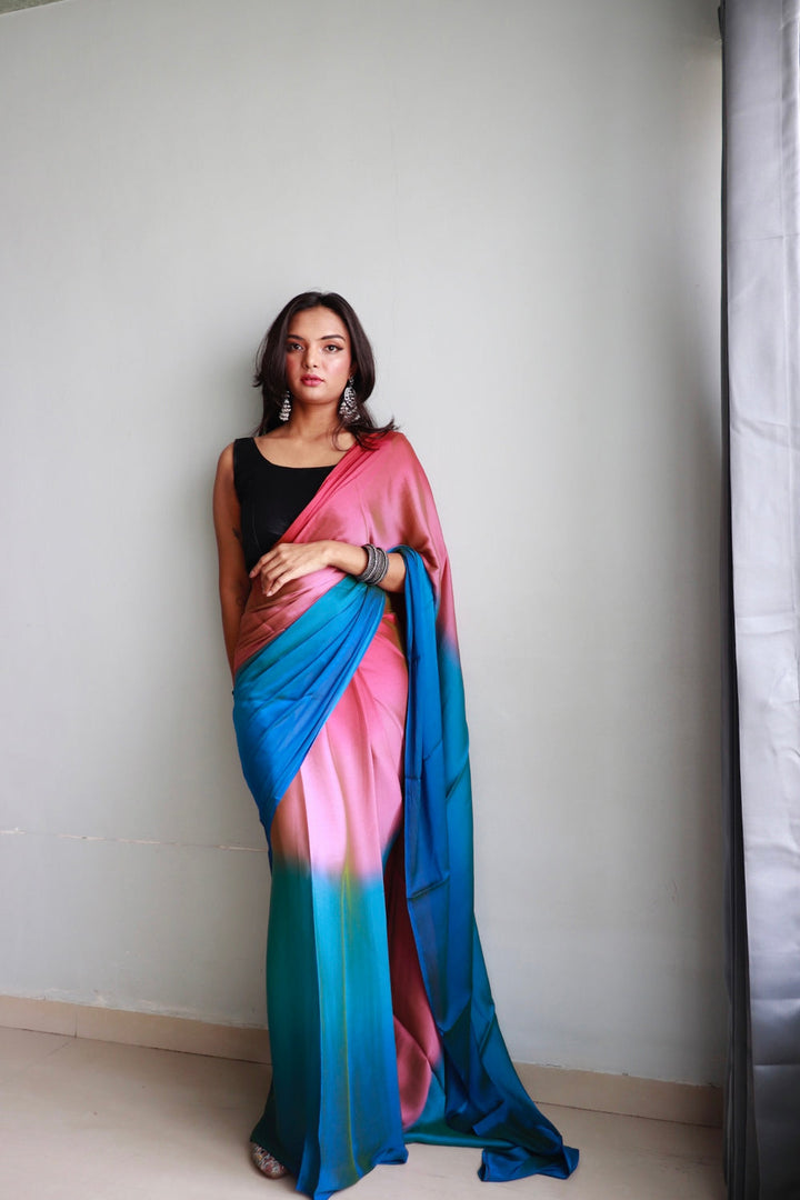 Pink And Blue Color Nylone Saree With Beautiful Blouse