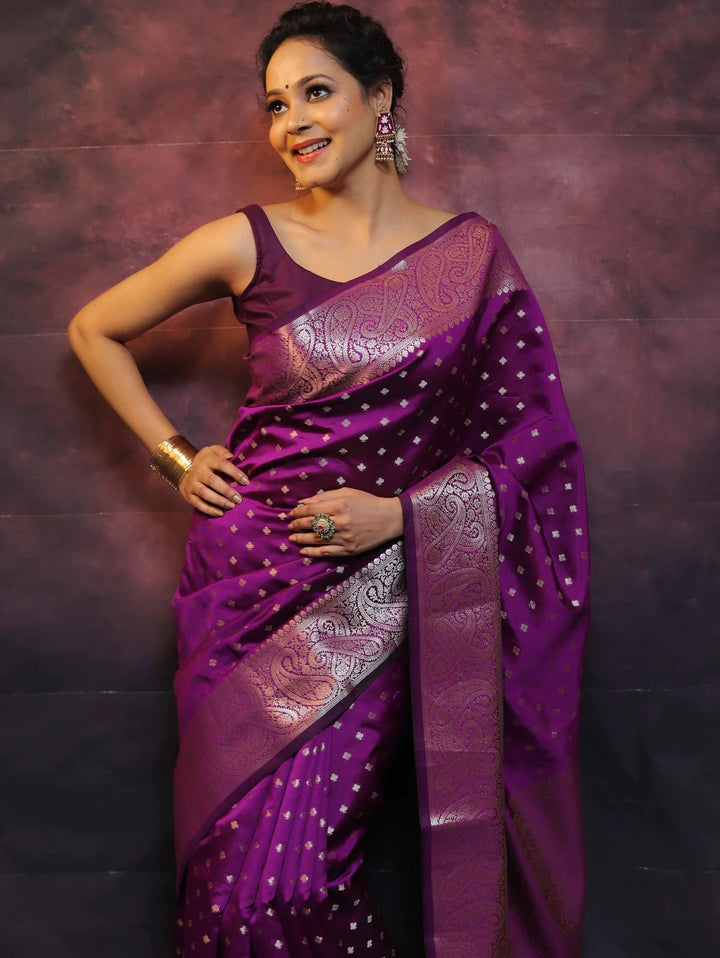 Wine Color Banarasi Silk saree Jari Work With Blouse Piece