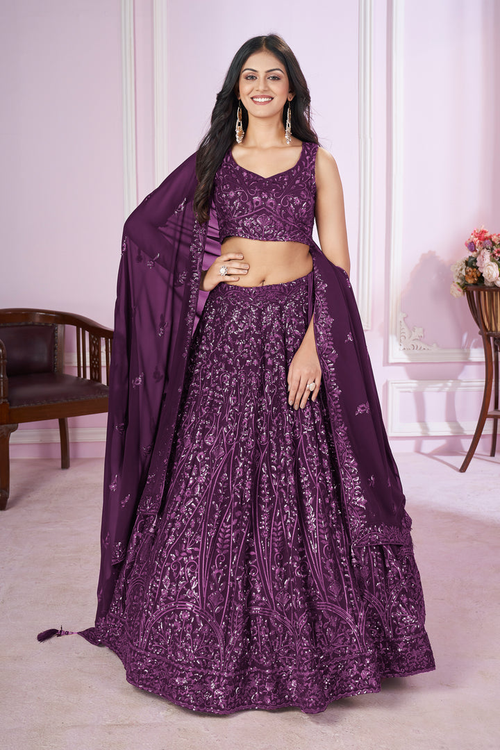 Purple Color Georgette with Sequins,Thread and Embroidery Lehenga Choli