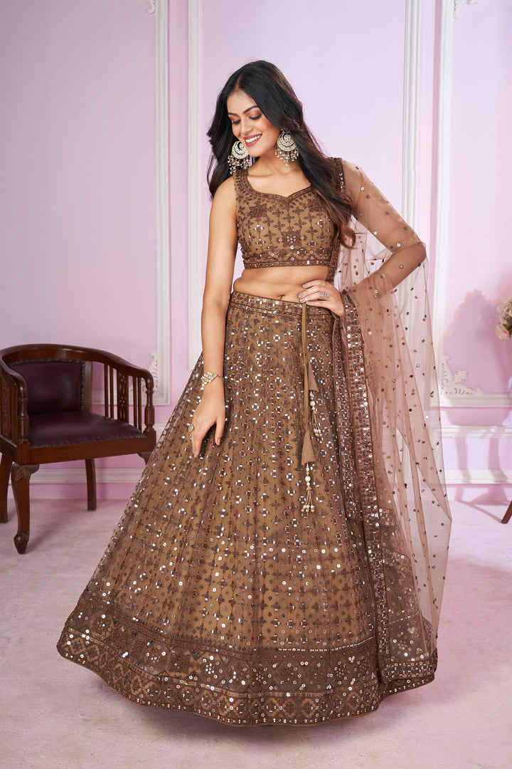 Brown Color Soft Net with Sequins,Thread and Embroidery Lehenga Choli