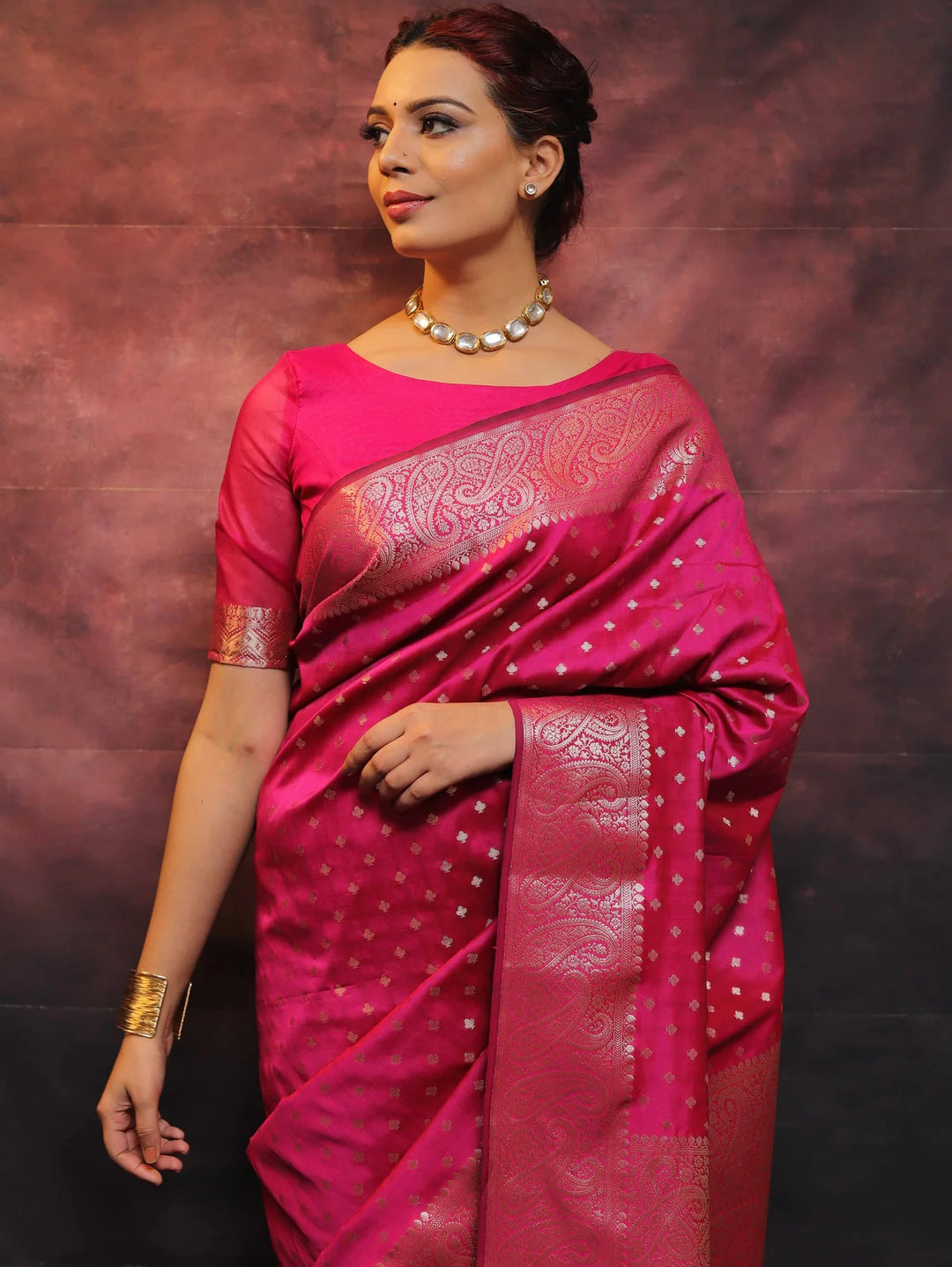 Tometo Color Banarasi Silk saree Jari Work With Blouse Piece