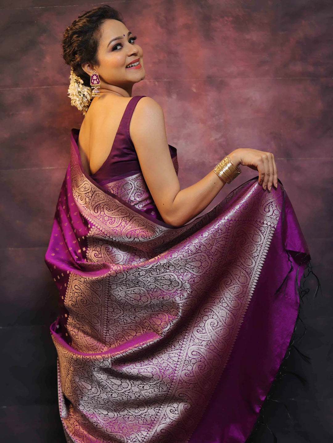 Wine Color Banarasi Silk saree Jari Work With Blouse Piece