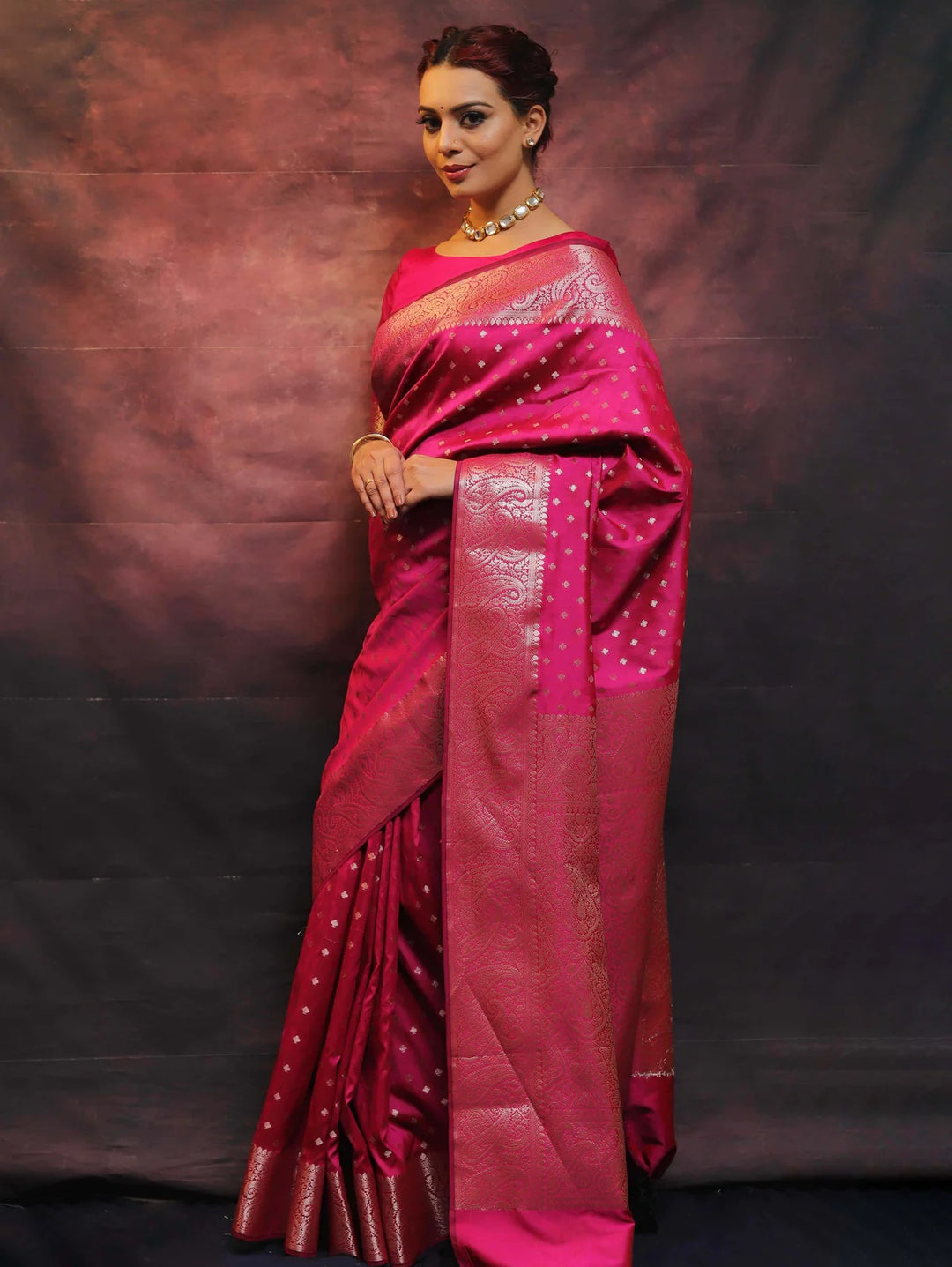 Tometo Color Banarasi Silk saree Jari Work With Blouse Piece