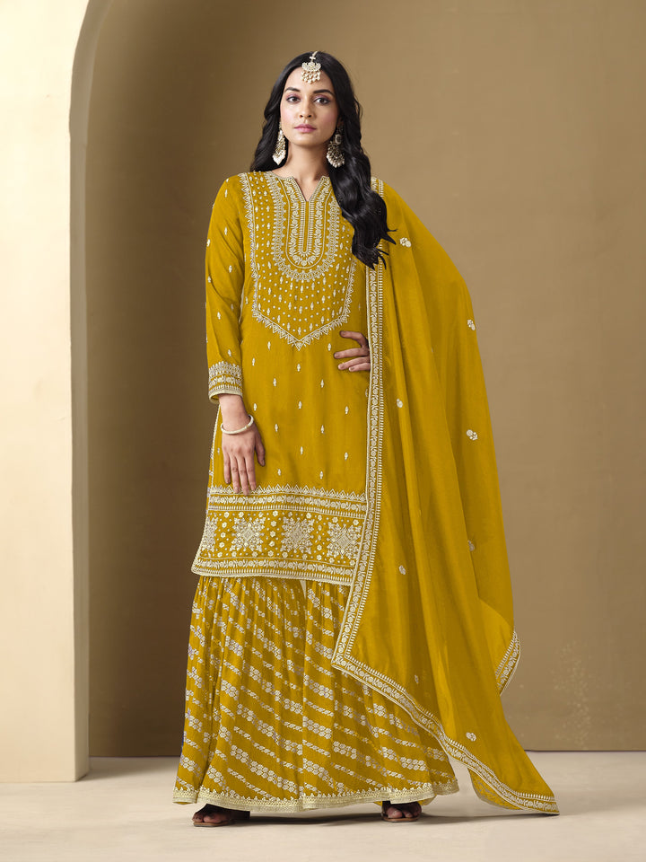 Mehendi Color Art Silk With Embroidery And Sequins Work Top And Plazzo