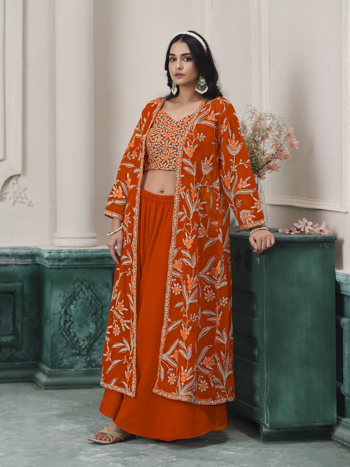 Orange Color Faux Georgette With Embroidery And Sequins Work Top And Sharara
