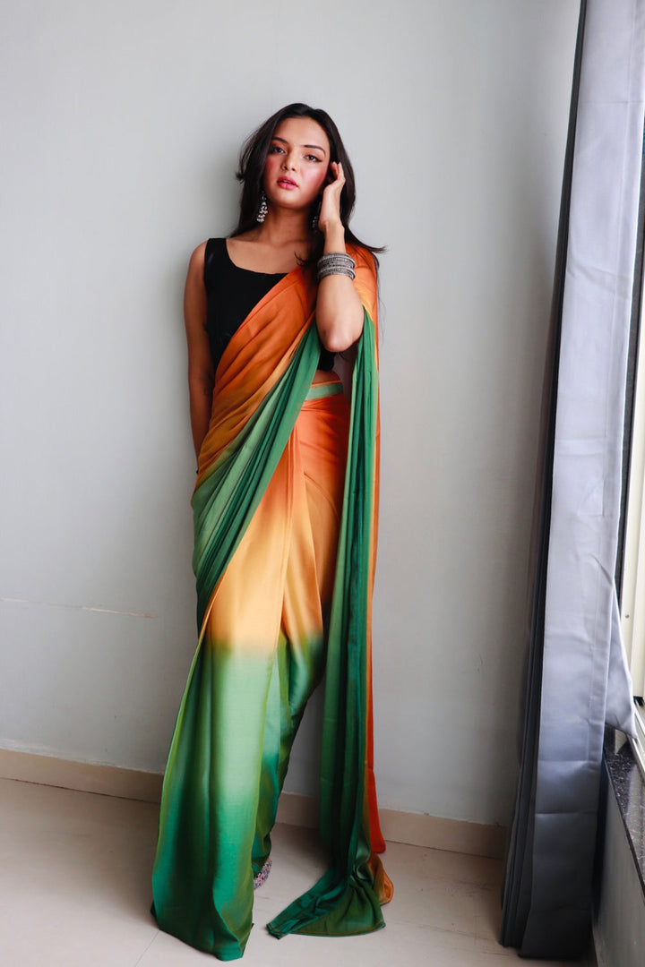 Orange And Green Color Nylone Saree With Beautiful Blouse