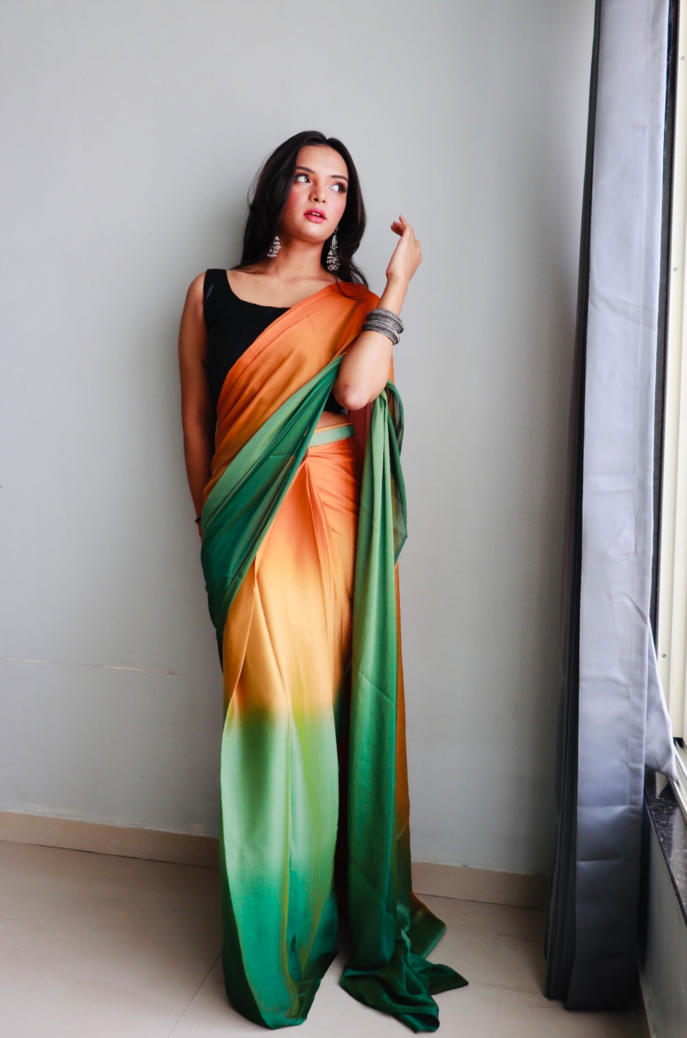 Orange And Green Color Nylone Saree With Beautiful Blouse