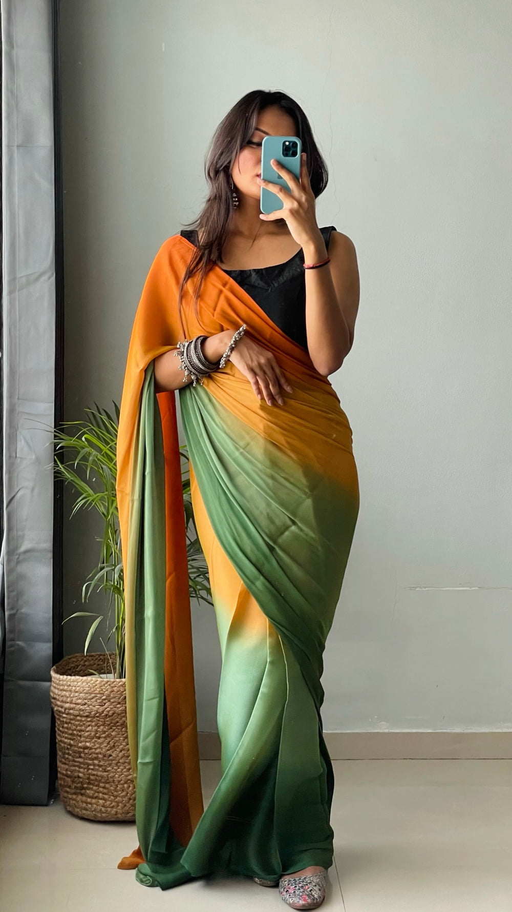 Orange And Green Color Nylone Saree With Beautiful Blouse