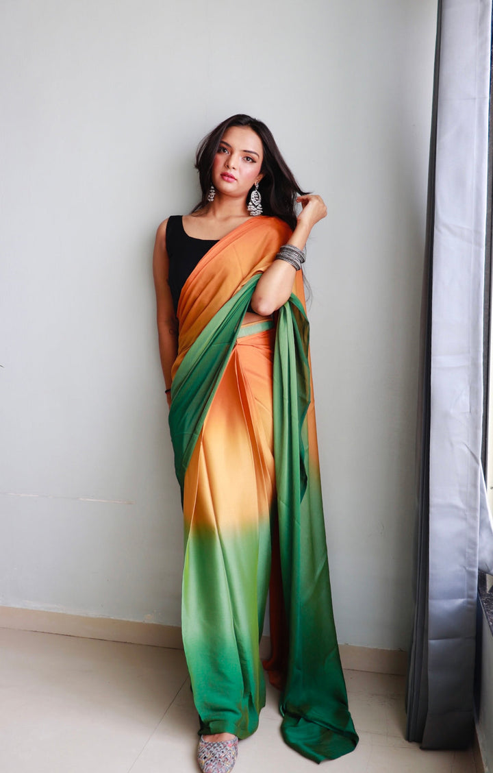 Orange And Green Color Nylone Saree With Beautiful Blouse