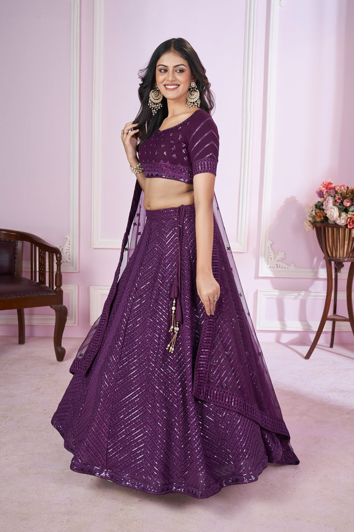 Purple Color Georgette with Sequins,Thread and Embroidery Lehenga Choli