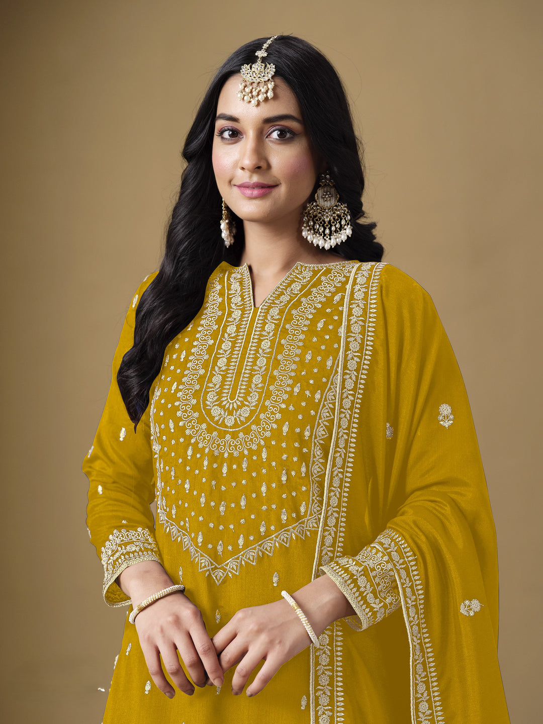 Mehendi Color Art Silk With Embroidery And Sequins Work Top And Plazzo
