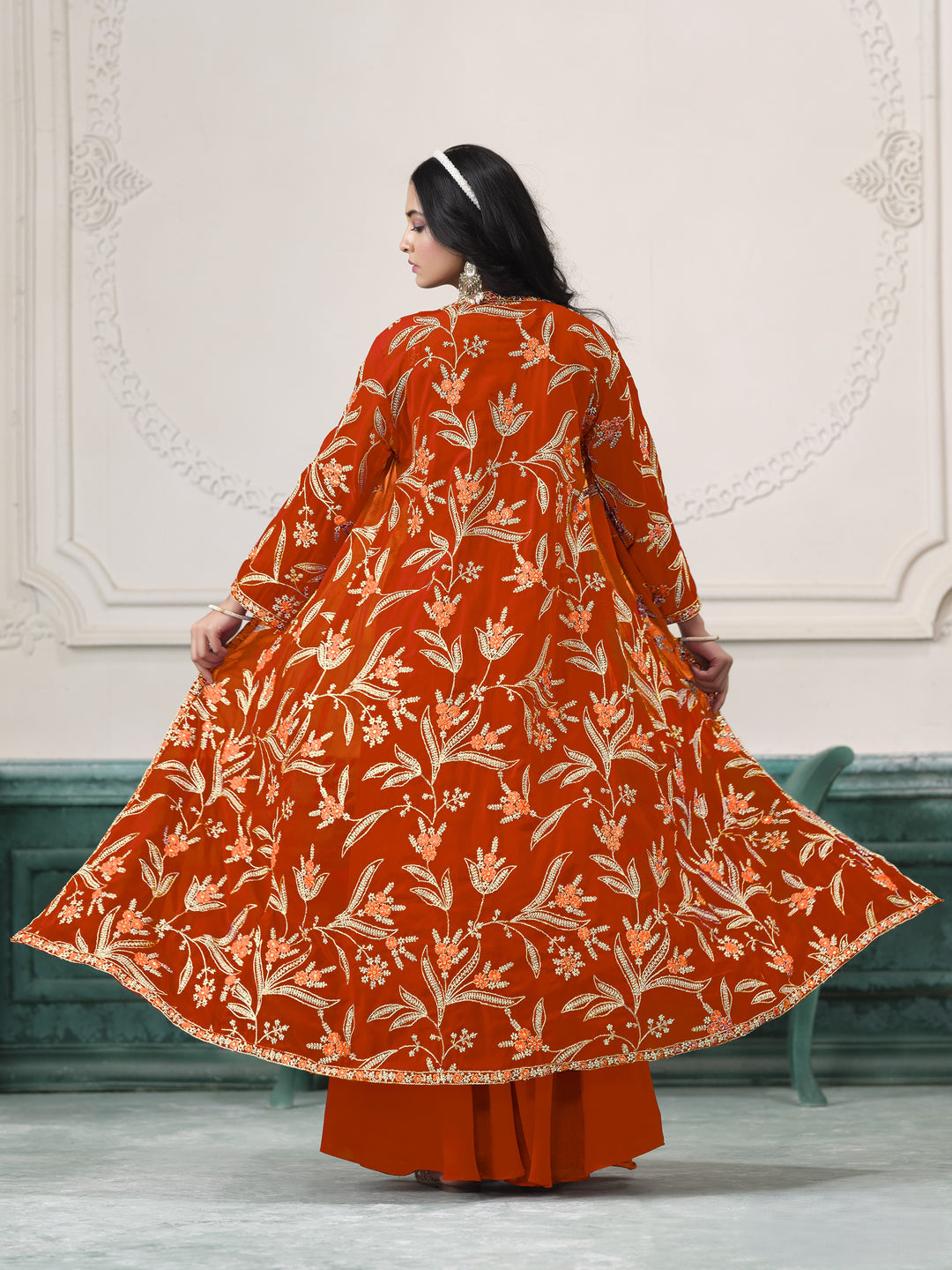 Orange Color Faux Georgette With Embroidery And Sequins Work Top And Sharara