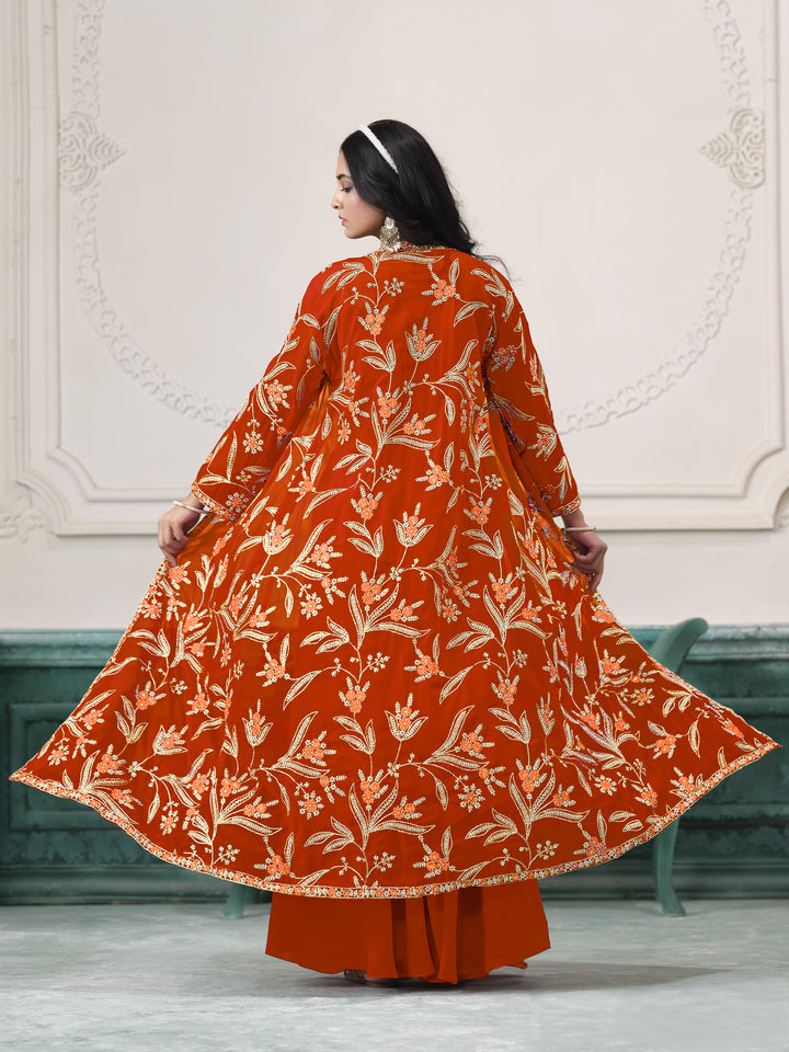 Orange Color Faux Georgette With Embroidery And Sequins Work Top And Sharara
