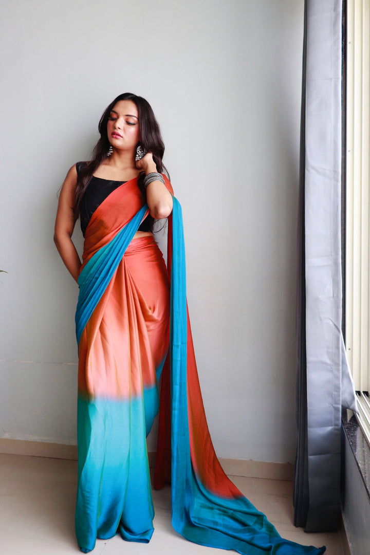 Peach And Blue Color Nylone Saree With Beautiful Blouse