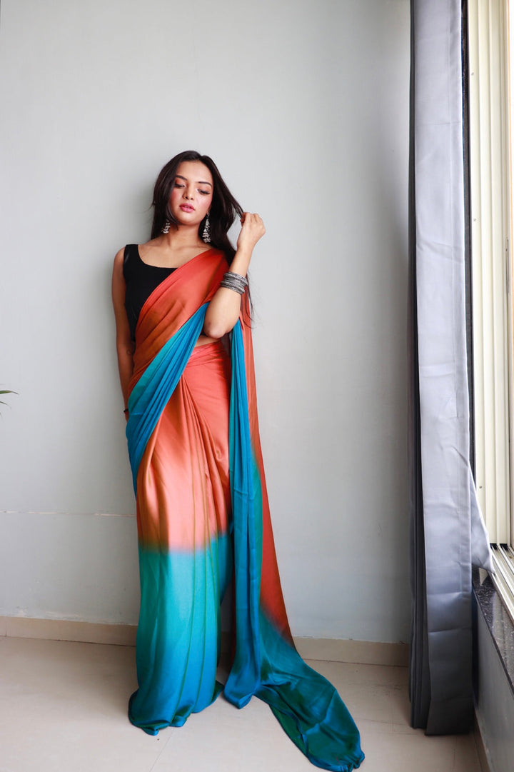 Peach And Blue Color Nylone Saree With Beautiful Blouse