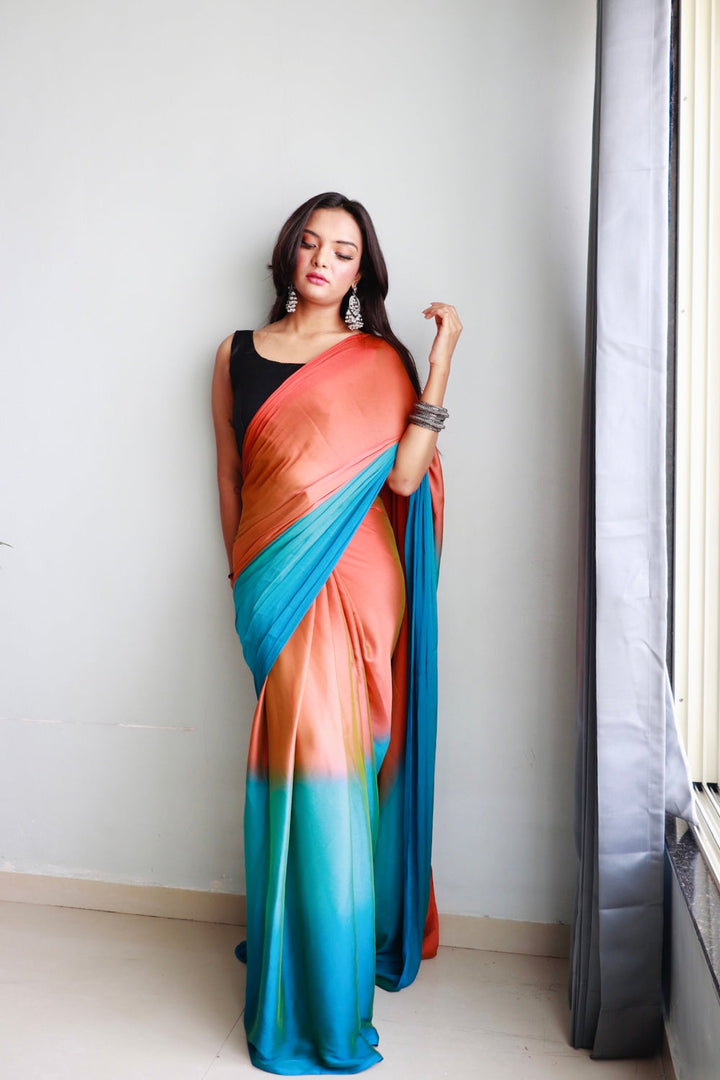 Peach And Blue Color Nylone Saree With Beautiful Blouse