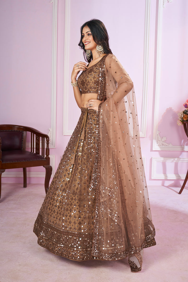 Brown Color Soft Net with Sequins,Thread and Embroidery Lehenga Choli