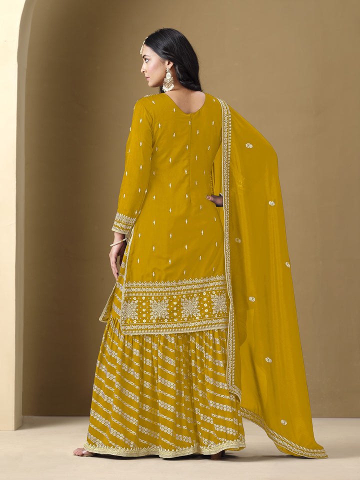 Mehendi Color Art Silk With Embroidery And Sequins Work Top And Plazzo