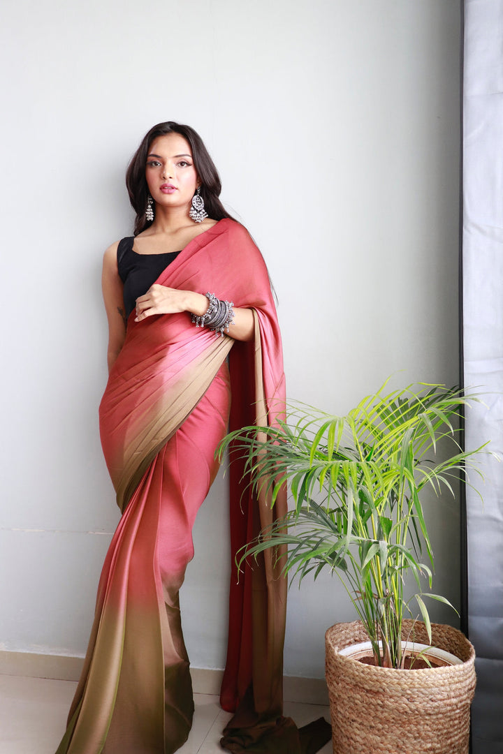 Peach And Brown Color Nylone Saree With Beautiful Blouse