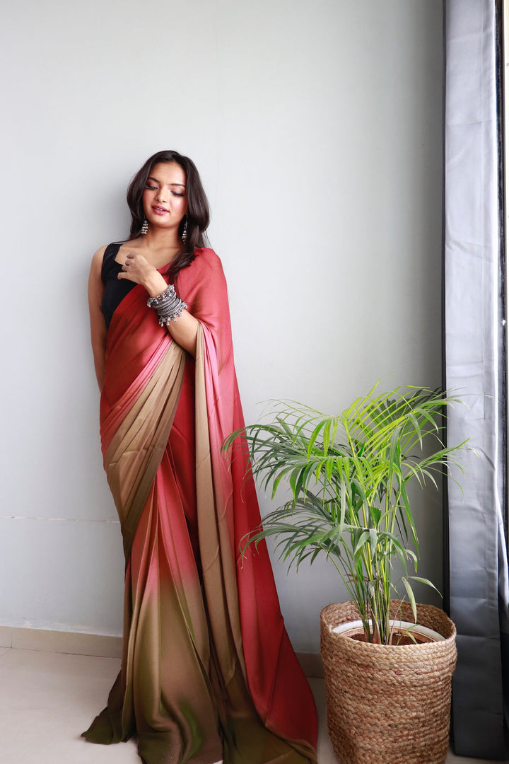 Peach And Brown Color Nylone Saree With Beautiful Blouse