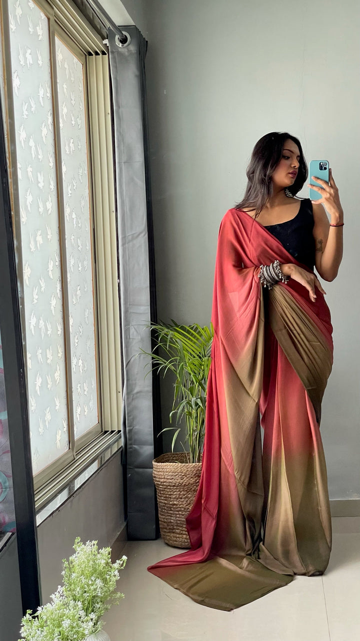 Peach And Brown Color Nylone Saree With Beautiful Blouse