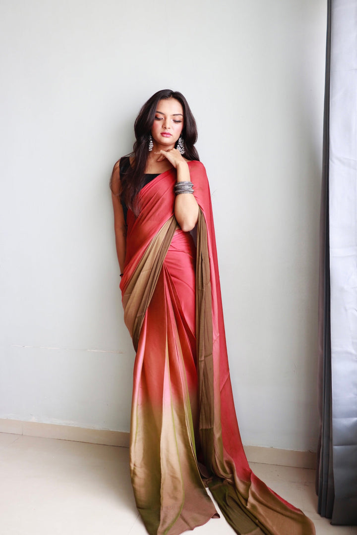 Peach And Brown Color Nylone Saree With Beautiful Blouse