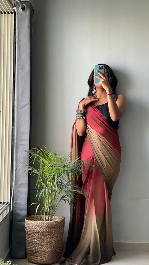 Peach And Brown Color Nylone Saree With Beautiful Blouse