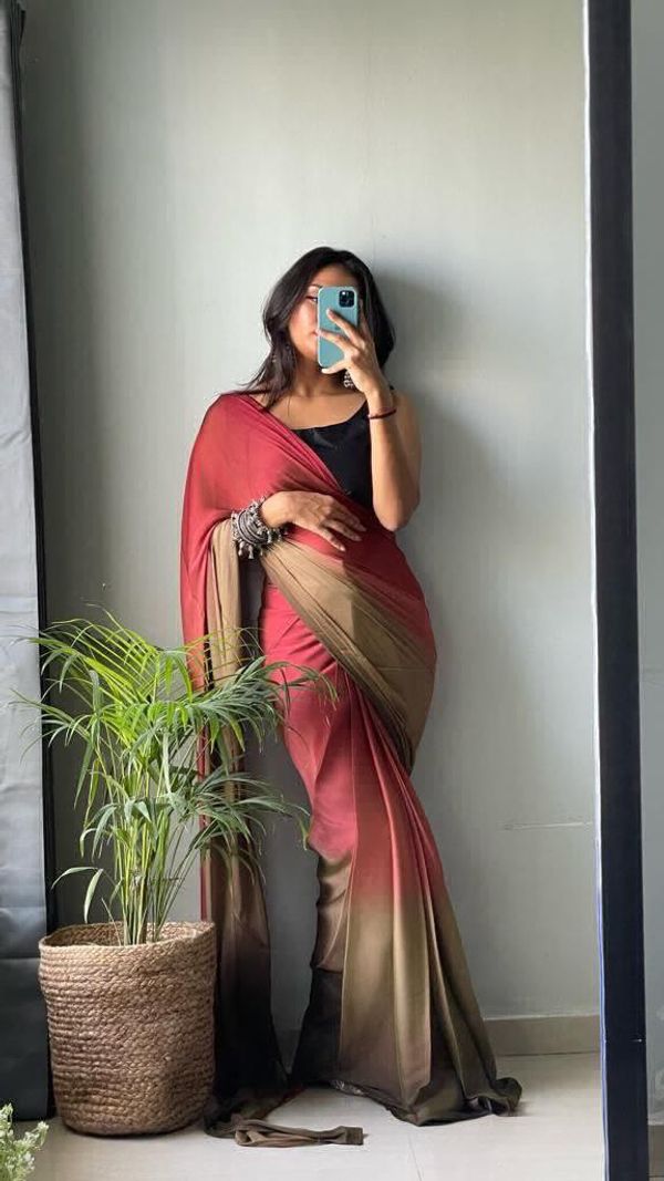 Peach And Brown Color Nylone Saree With Beautiful Blouse