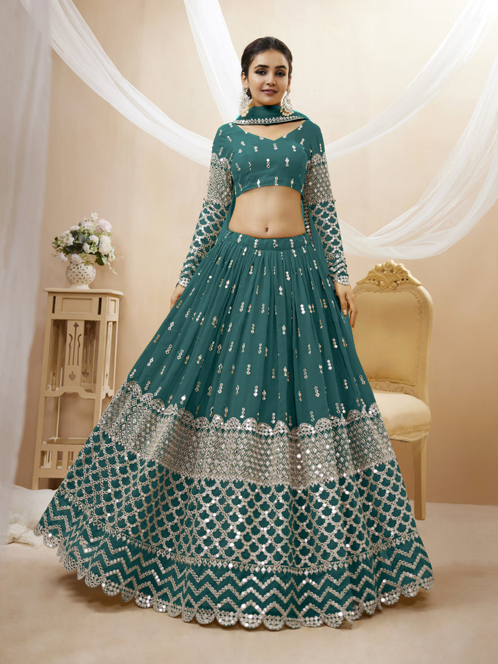 Teal Blue Georgette Sequins Zari Embroidered Work Lehenga Choli