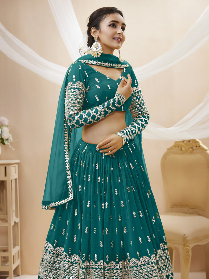 Teal Blue Georgette Sequins Zari Embroidered Work Lehenga Choli