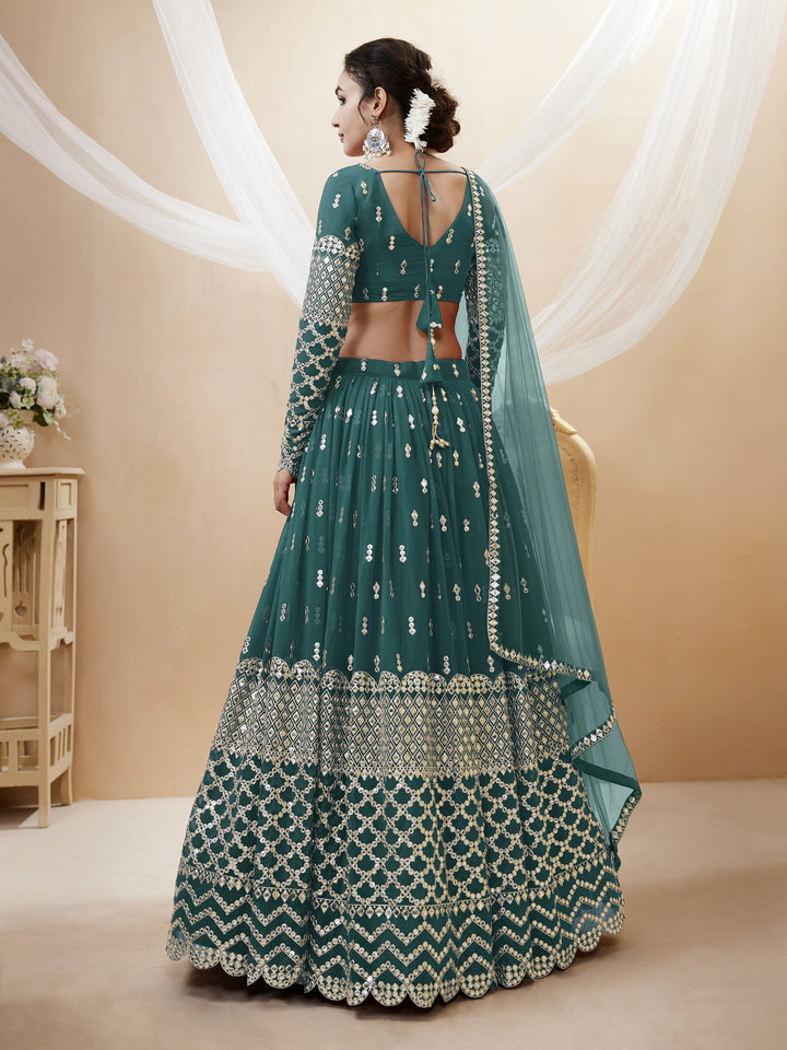 Teal Blue Georgette Sequins Zari Embroidered Work Lehenga Choli