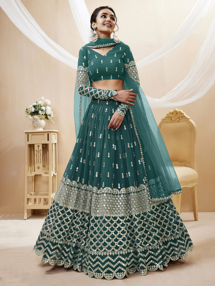Teal Blue Georgette Sequins Zari Embroidered Work Lehenga Choli