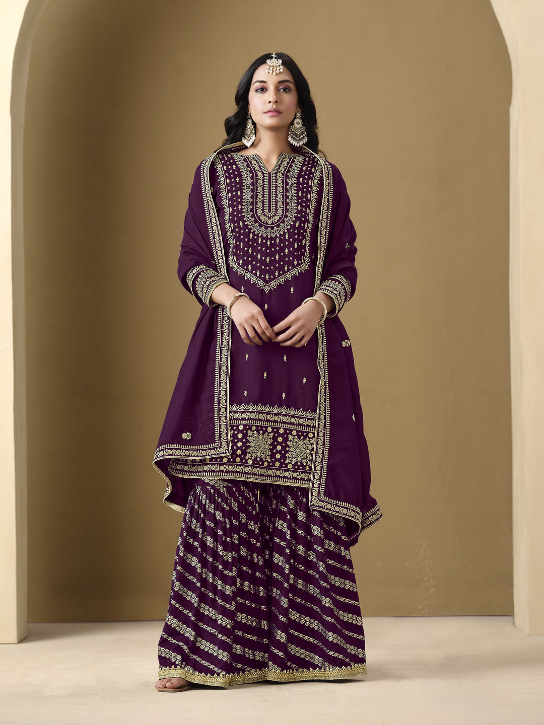 Purple Color Art Silk With Embroidery And Sequins Work Top And Plazzo