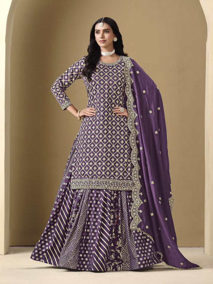 Purple Color Art Silk With Embroidery And Sequins Work Top And Lehenga