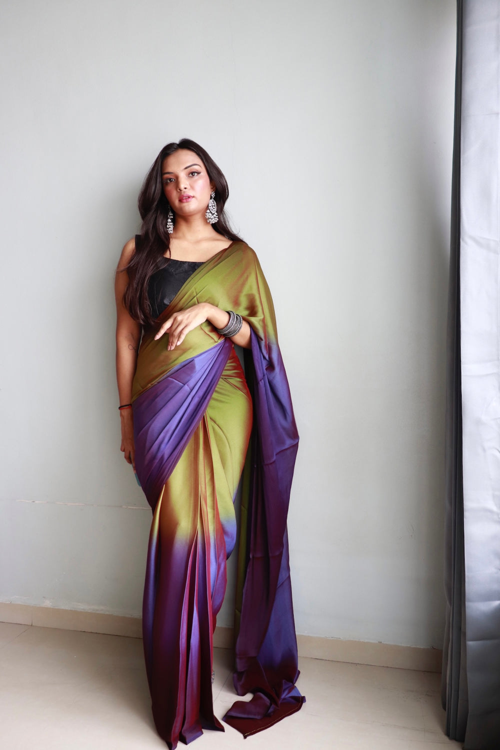 Purple And Mehendi Color Nylone Saree With Beautiful Blouse