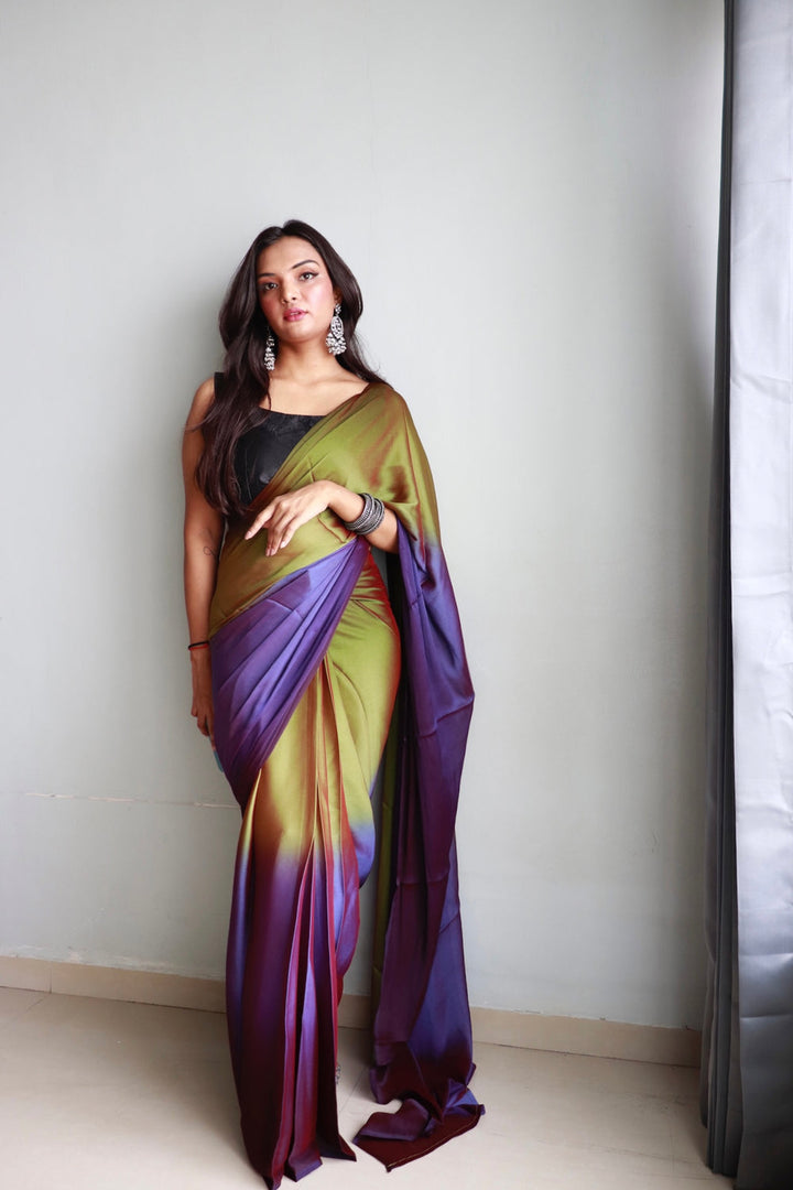 Purple And Mehendi Color Nylone Saree With Beautiful Blouse